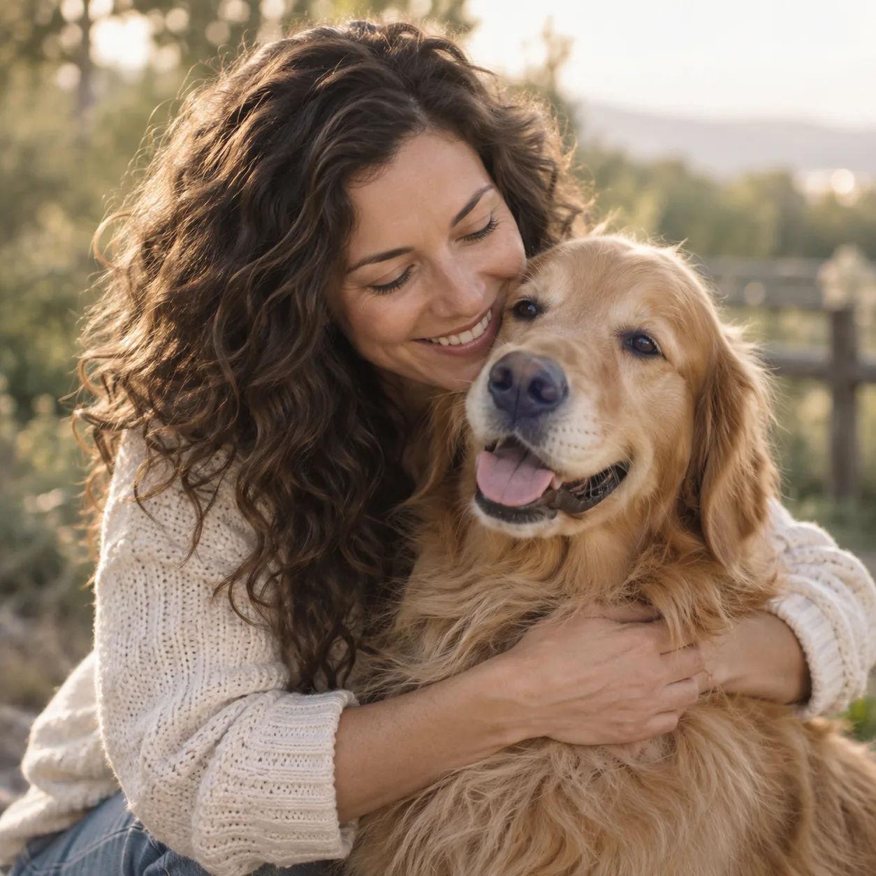 A smiling woman with long curly brunette hair hugging a golden retriever.